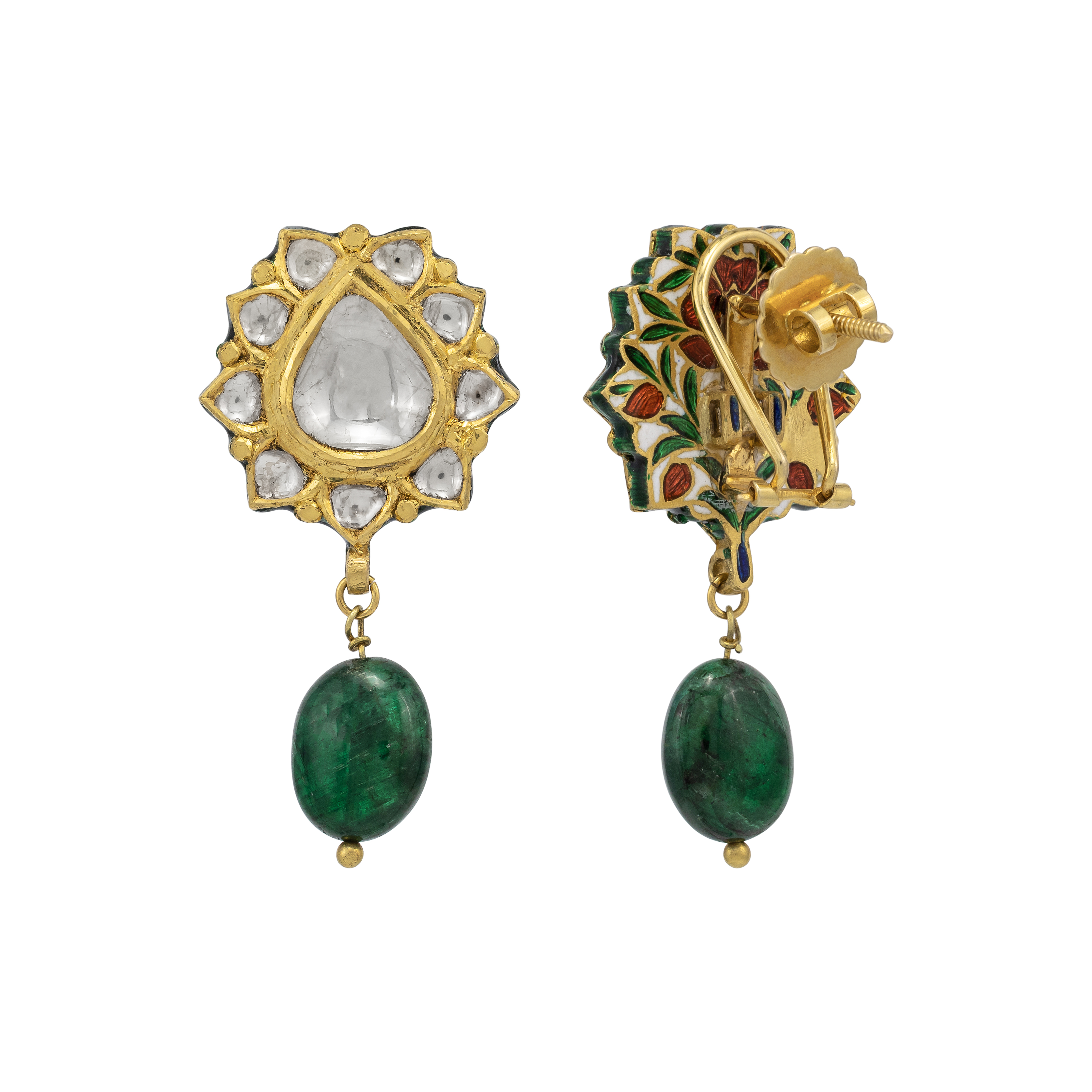 Lotus-Bud Inspired Polki Earrings with Emerald Drops